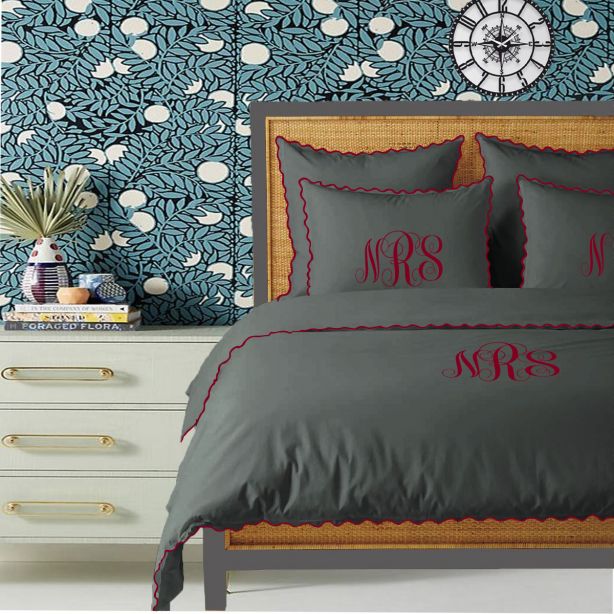 Parure de couette Monogram gris foncé, 400 fils, coton avec broderie à petites feston