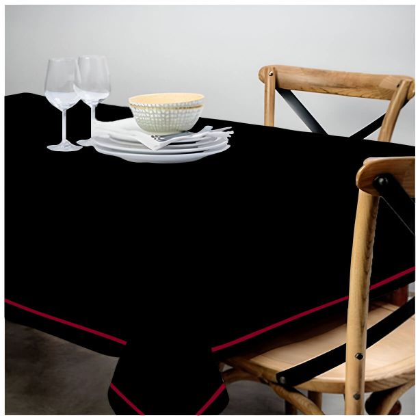 Nappe unie en satin de coton avec bordure brodée simple - Noir
