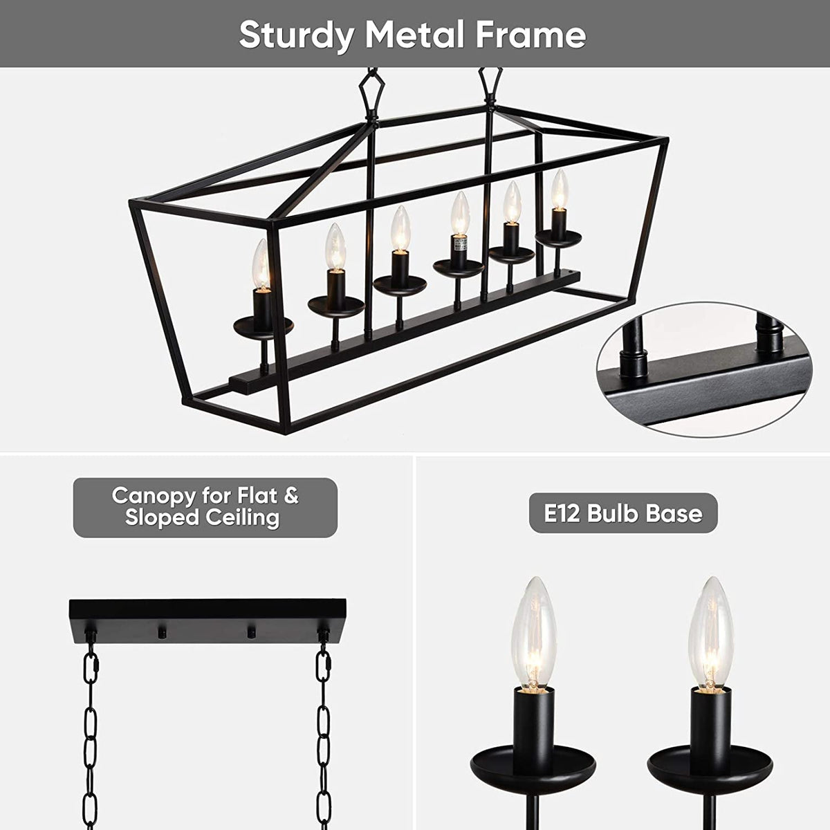 Lustre linéaire à 6 lumières style bougeoir, noir