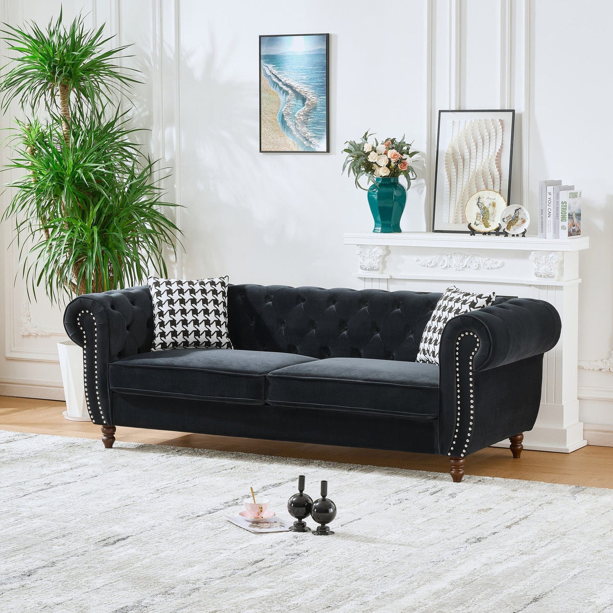 Canapé en tissu style Chesterfield avec accoudoirs enroulés et clous de tapissier