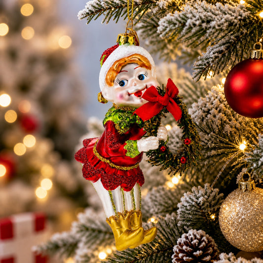 Ornement de Noël en verre représentant un elfe souriant avec une couronne à nœud rouge