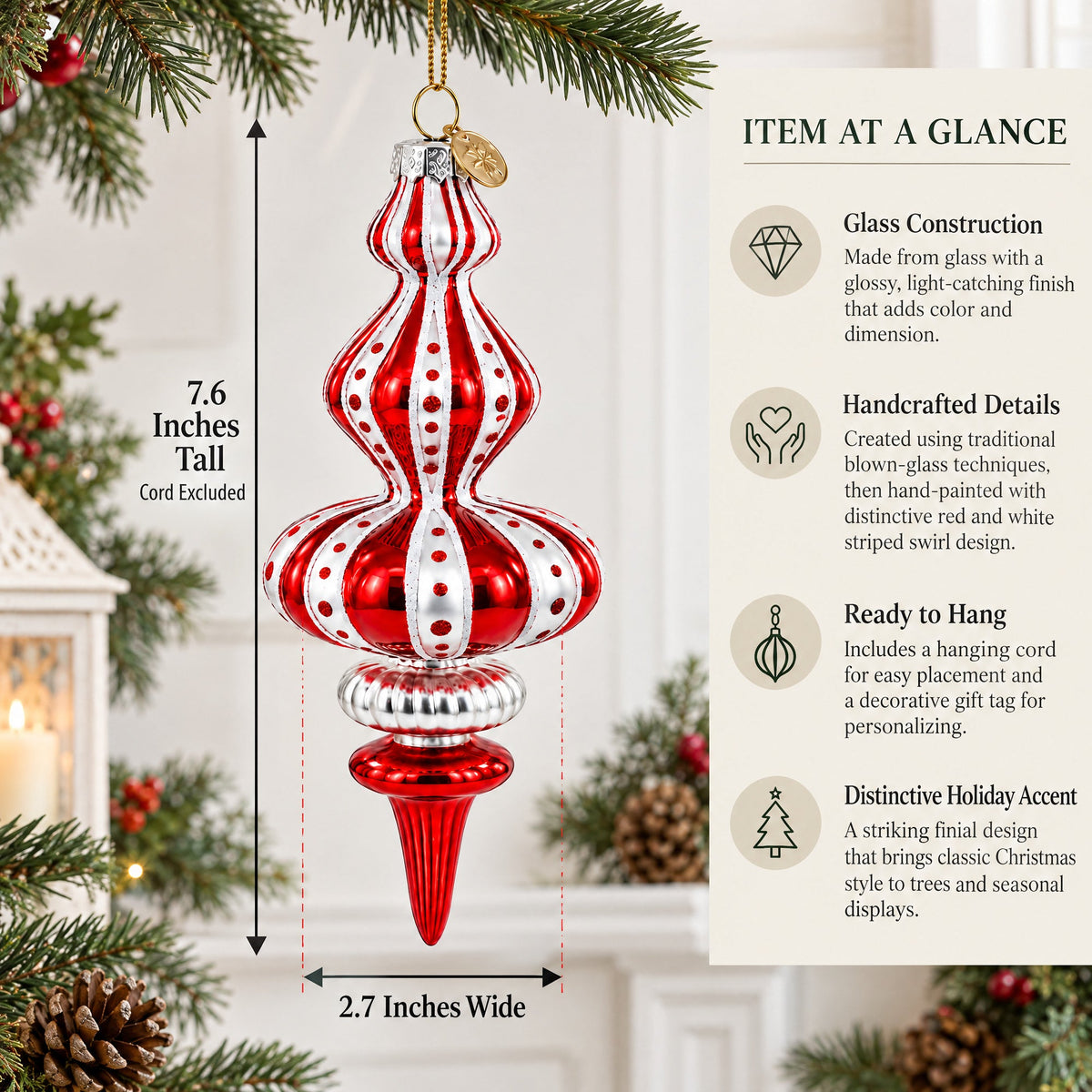 Red and White Striped Swirl Finial Glass Finial Christmas Ornament