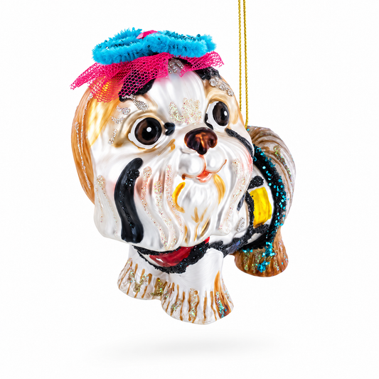 Ornement de Noël en verre représentant un Shih Tzu avec une couronne florale sarcelle