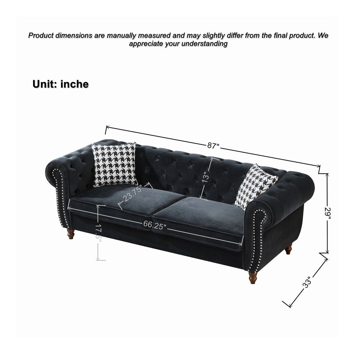 Canapé en tissu style Chesterfield avec accoudoirs enroulés et clous de tapissier