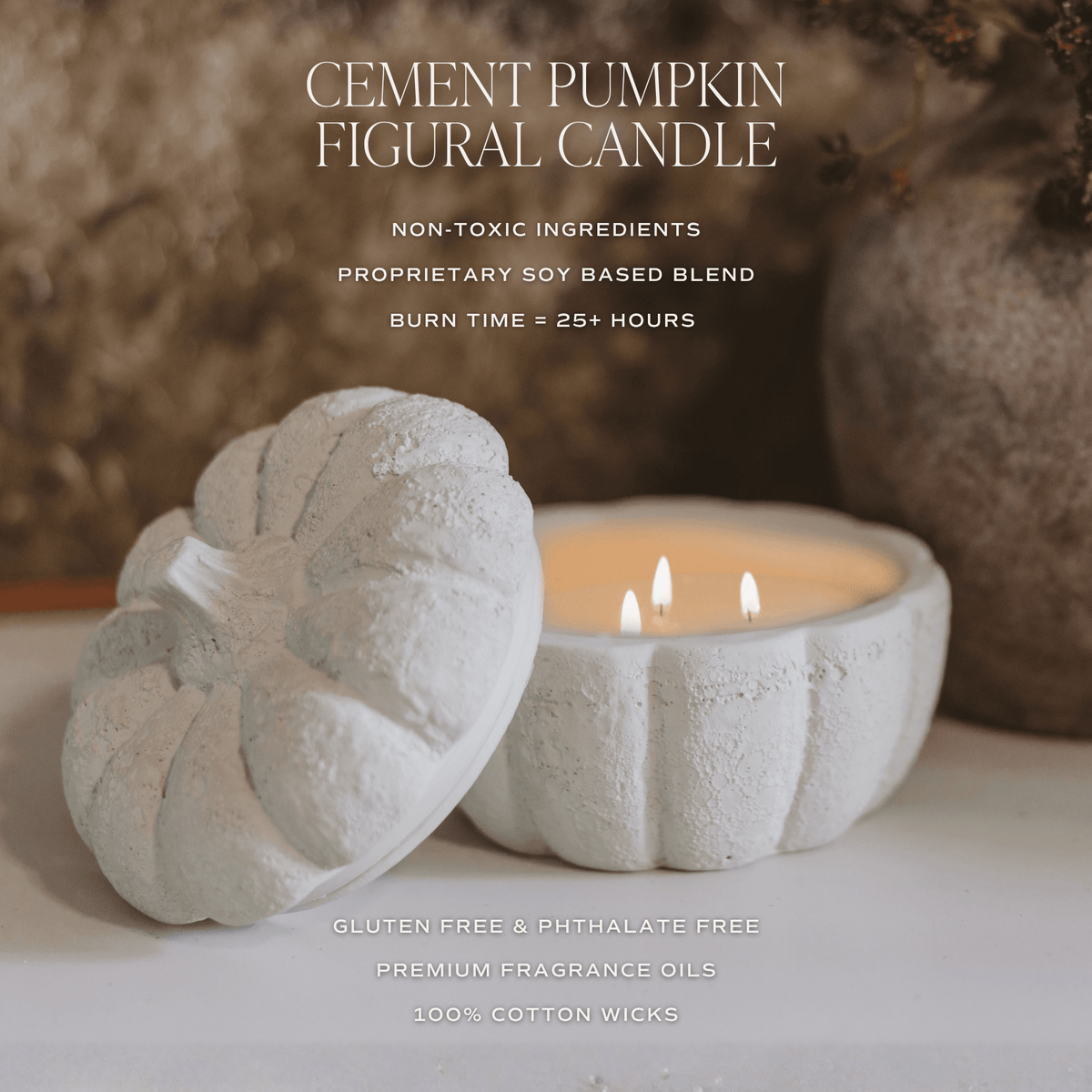 Bougie en cire de soja Cachemire et Vanille - Pot en ciment en forme de citrouille - 383 g
