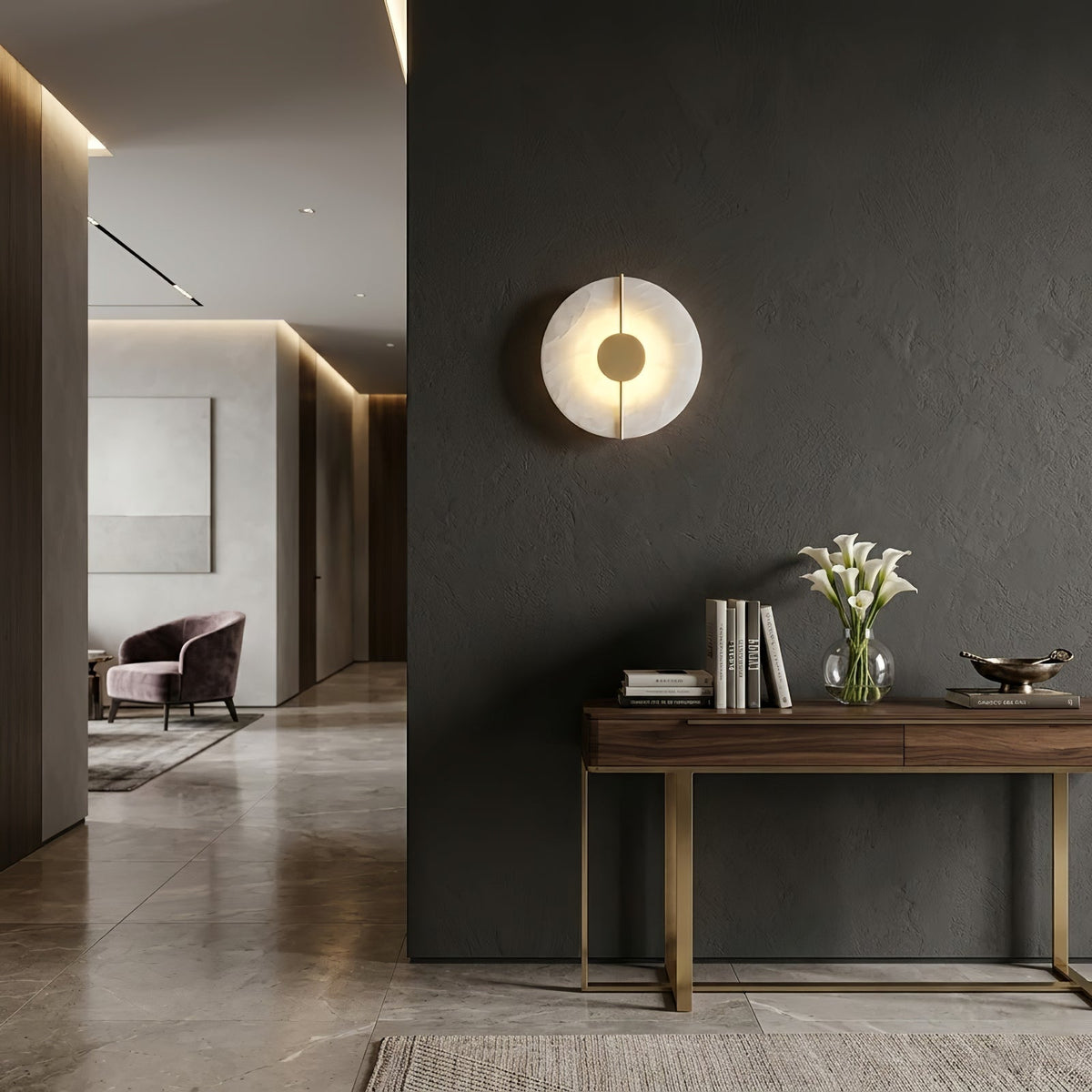 Circular Alabaster Wall Lamp With Brass Bar
