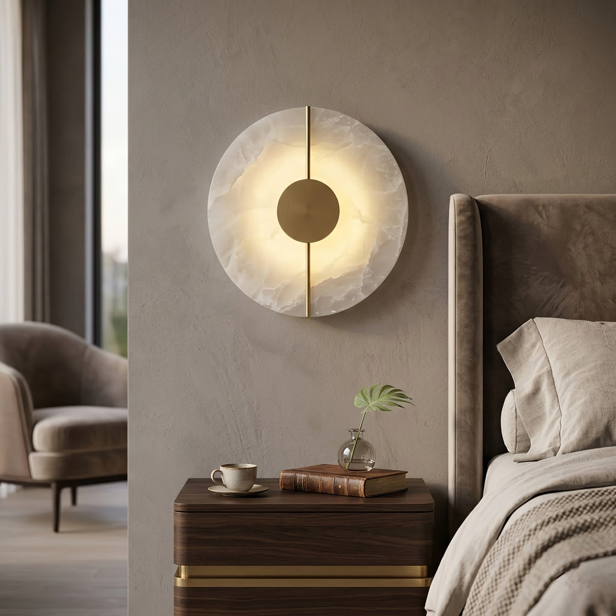 Circular Alabaster Wall Lamp With Brass Bar