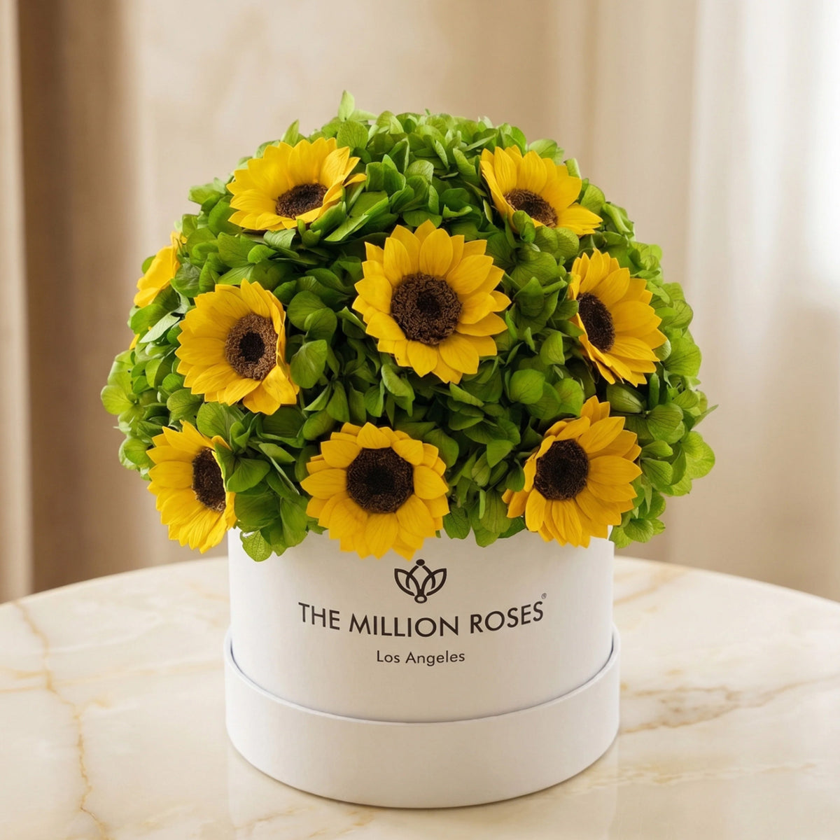 Classic White Box | Ortensie verdi e girasoli