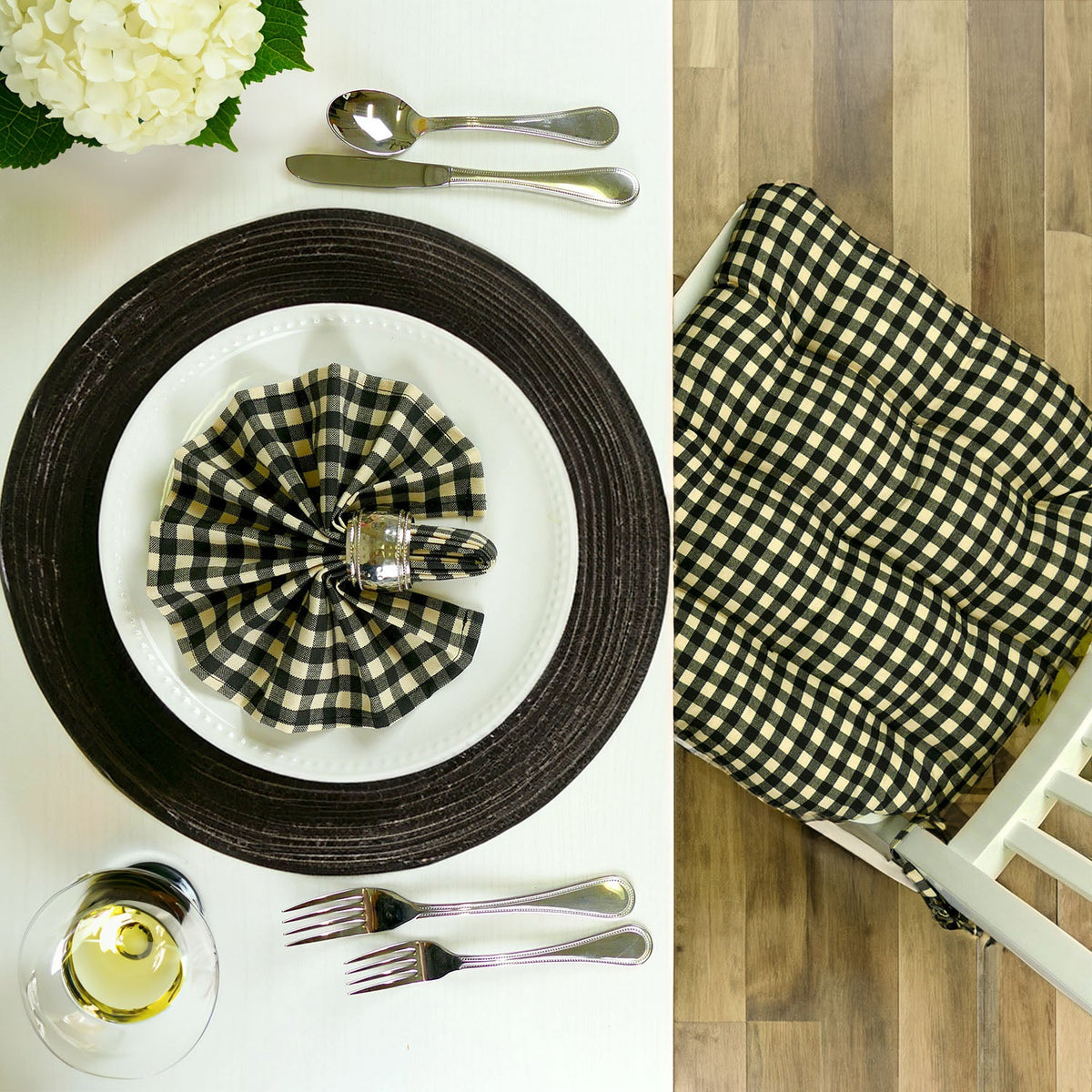 Farmhouse Check Black & White Checked Chair Pad - Made in USA - 100% Cotton - Machine Washable