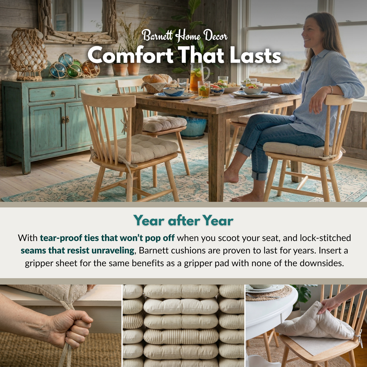 Hayden Beige Dining Chair Pads - Latex Foam Fill - Reversible
