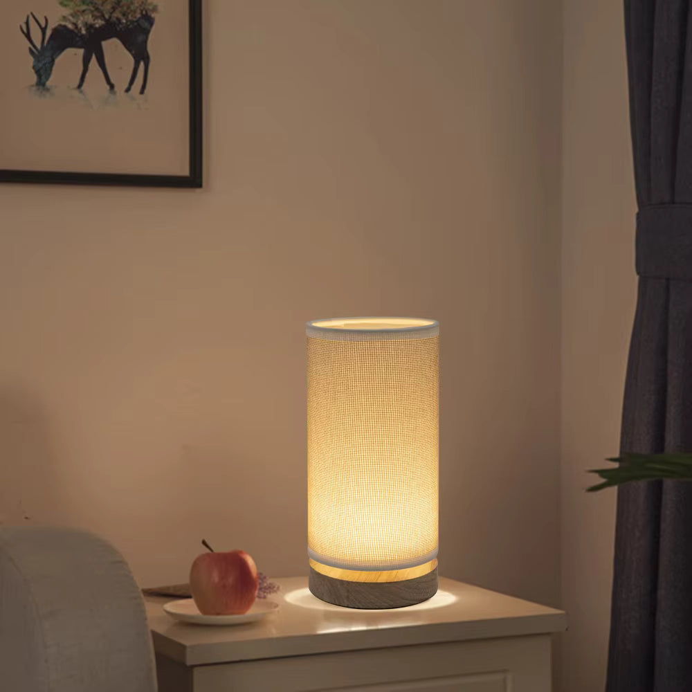 Natural Jute Fabric & Wood Cylinder Table Lamp | Minimalist Desk Light