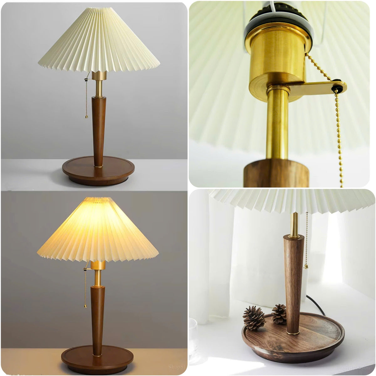 Pleated Fabric Shade & Wood Table Lamp | Vintage Brass Desk Light