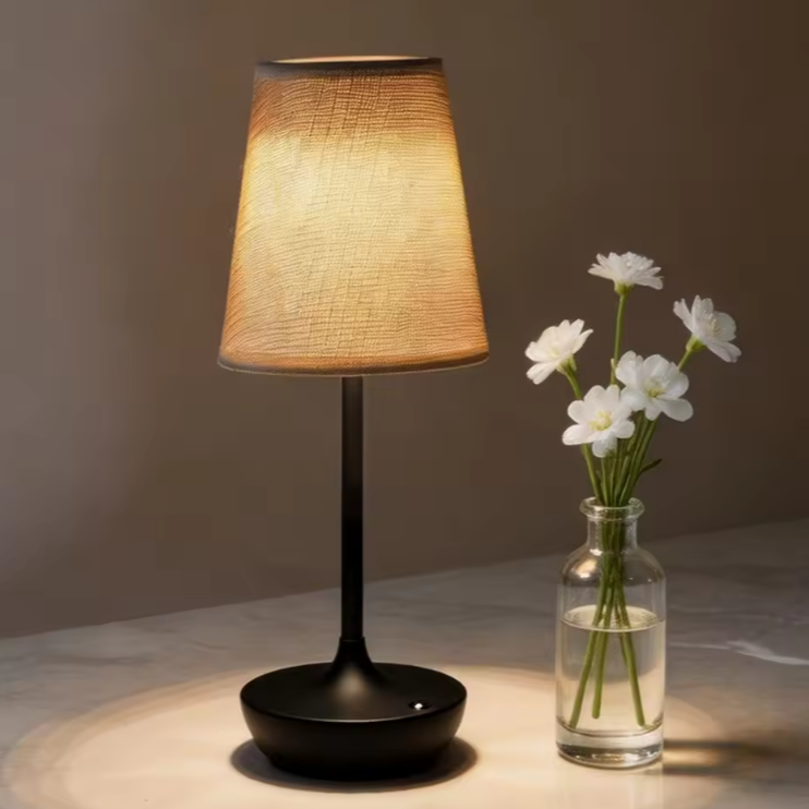Minimalist Conical Fabric Desk Lamp with Round Wooden Base