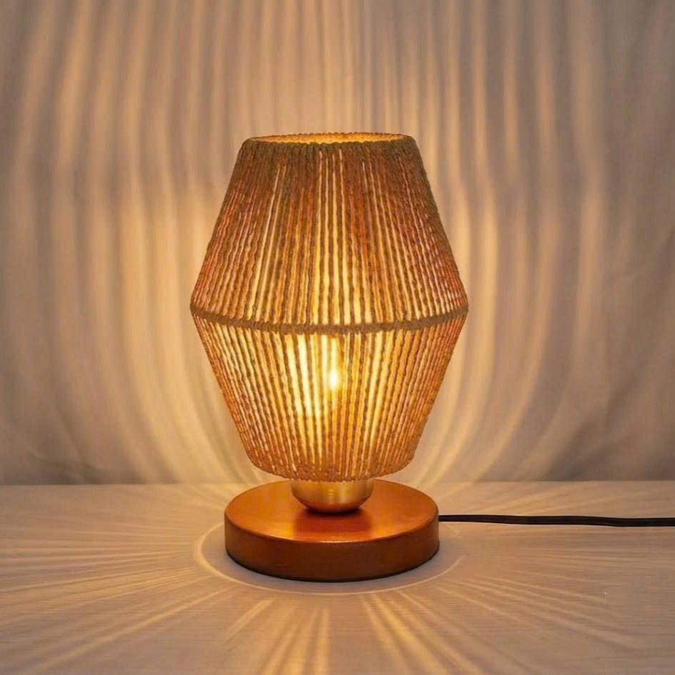 Hemp Rope Woven Table Lamp | Rustic Wooden Base Desk Light