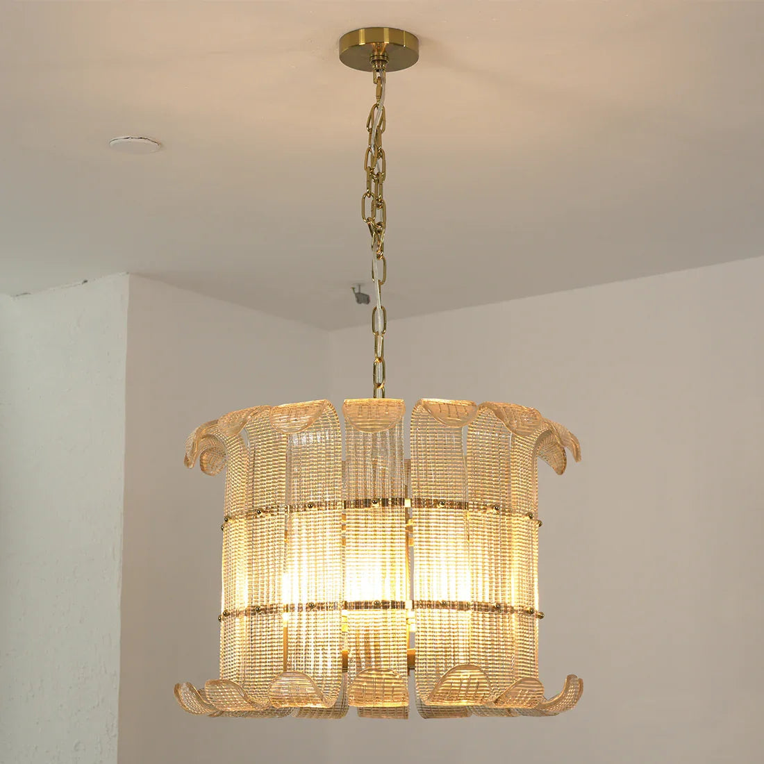 Curved Glass Slat Drum Chandelier