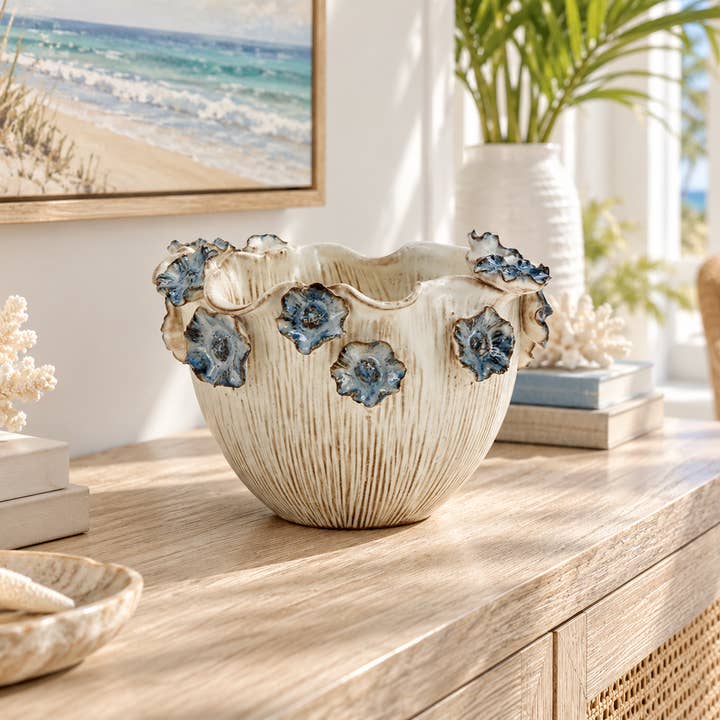 Small Thai Oyster White & Ocean Blue Lily Ceramic Bowl