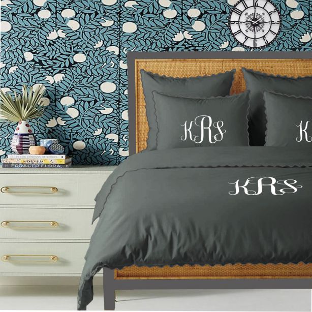 Parure de couette Monogram gris foncé, 400 fils, coton avec broderie à petites feston