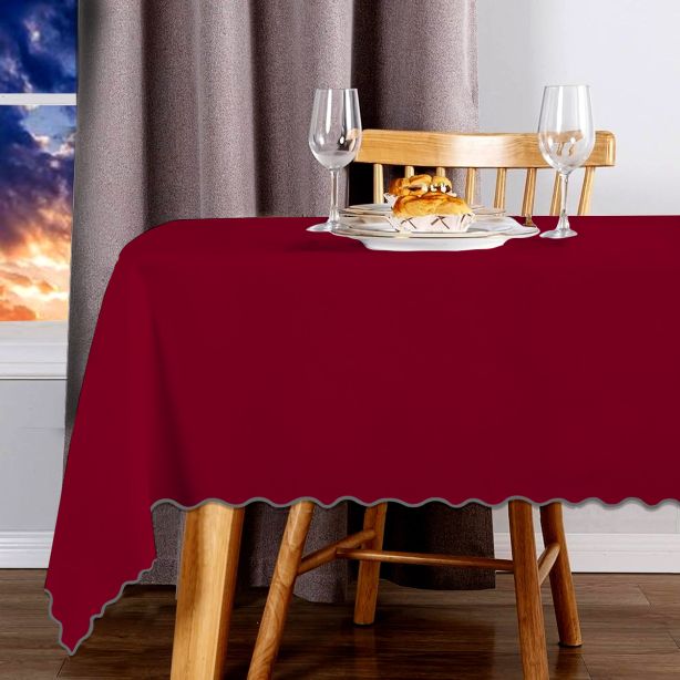 Tovaglia in cotone satinato tinta unita con ricamo a smerlo - Bordeaux