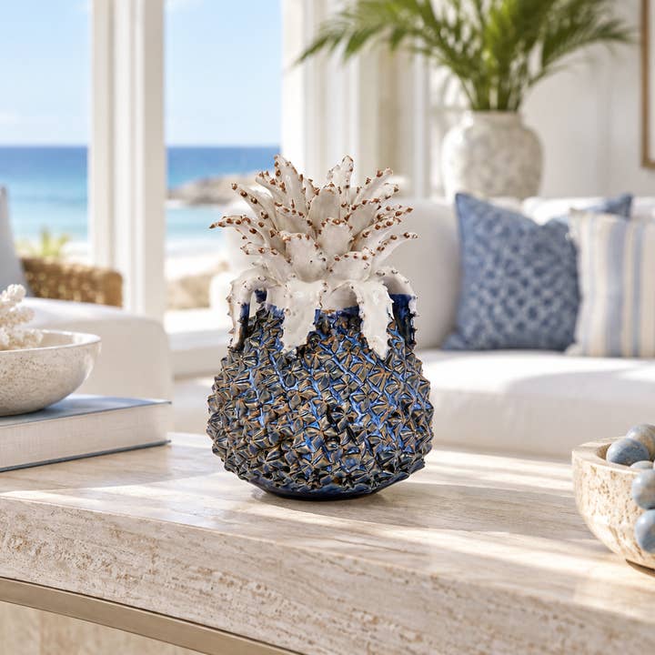 Medium Blue & White Pineapple Ceramic Vase