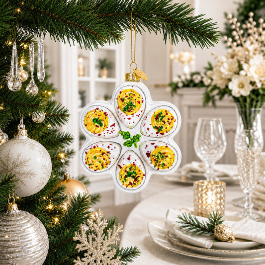 Ornement de Noël en verre en forme de plat de service à œufs mimosa