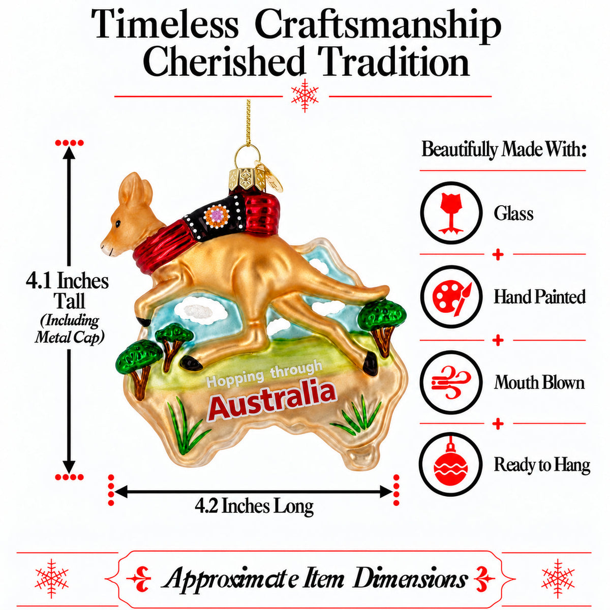 Australia Map Kangaroo Glass Christmas Ornament