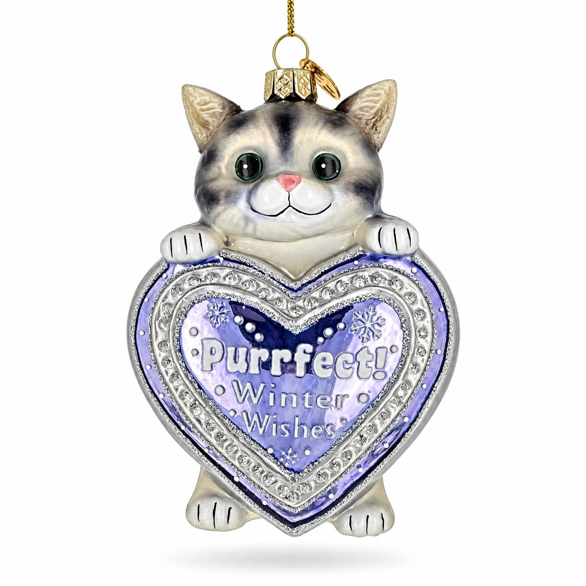 Purrfect Winter Wishes Cat Heart Glass Christmas Ornament