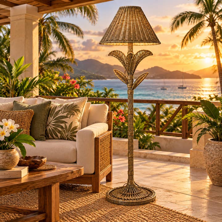 Antique Taupe Wicker Palm Floor Lamp