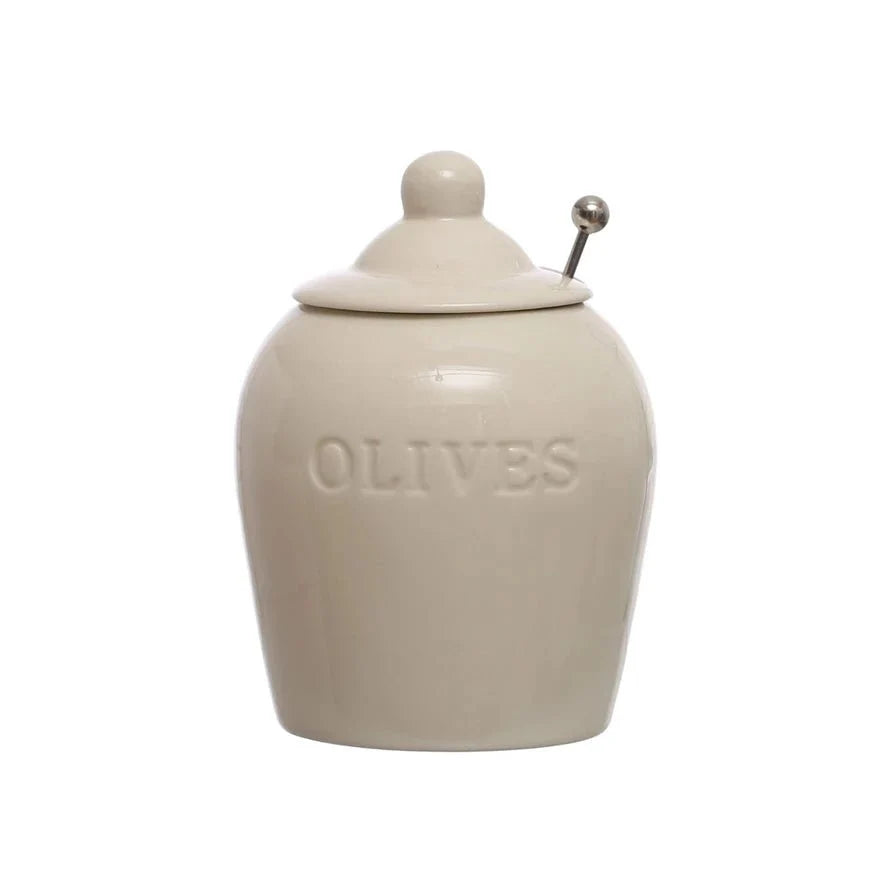 Pots à olives en grès estampé avec cuillère fendue – Lot de 2