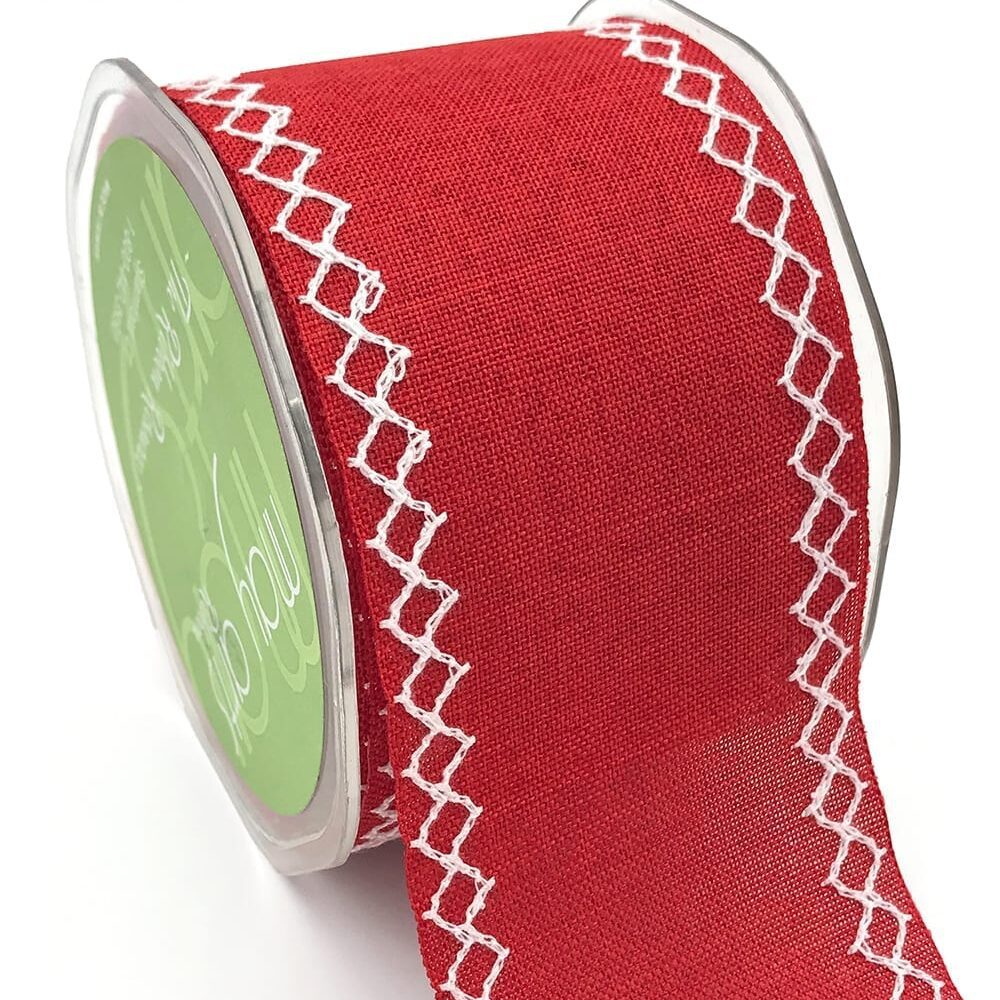 Diamond Stitch Canvas Ribbon - Red with White Stitching | 2.5" Width | 10 Yard Roll