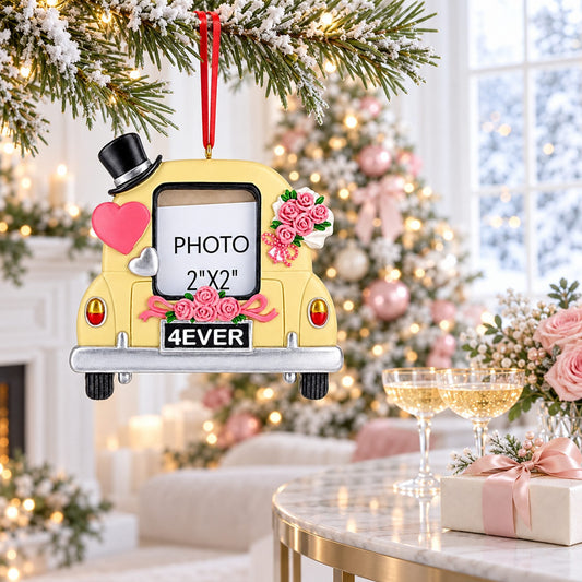 Ornement de Noël en résine pour cadre photo 2x2 voiture de mariage « Just Married »