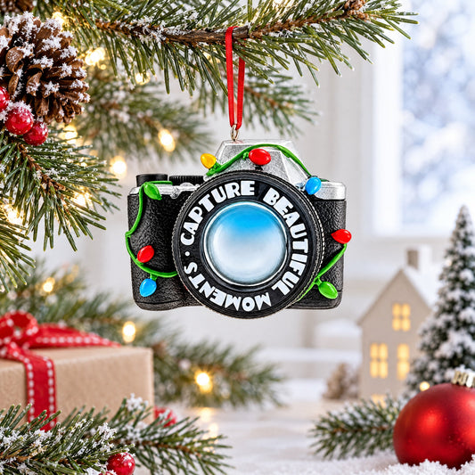 Ornement de Noël en résine : appareil photo noir vintage avec guirlande lumineuse