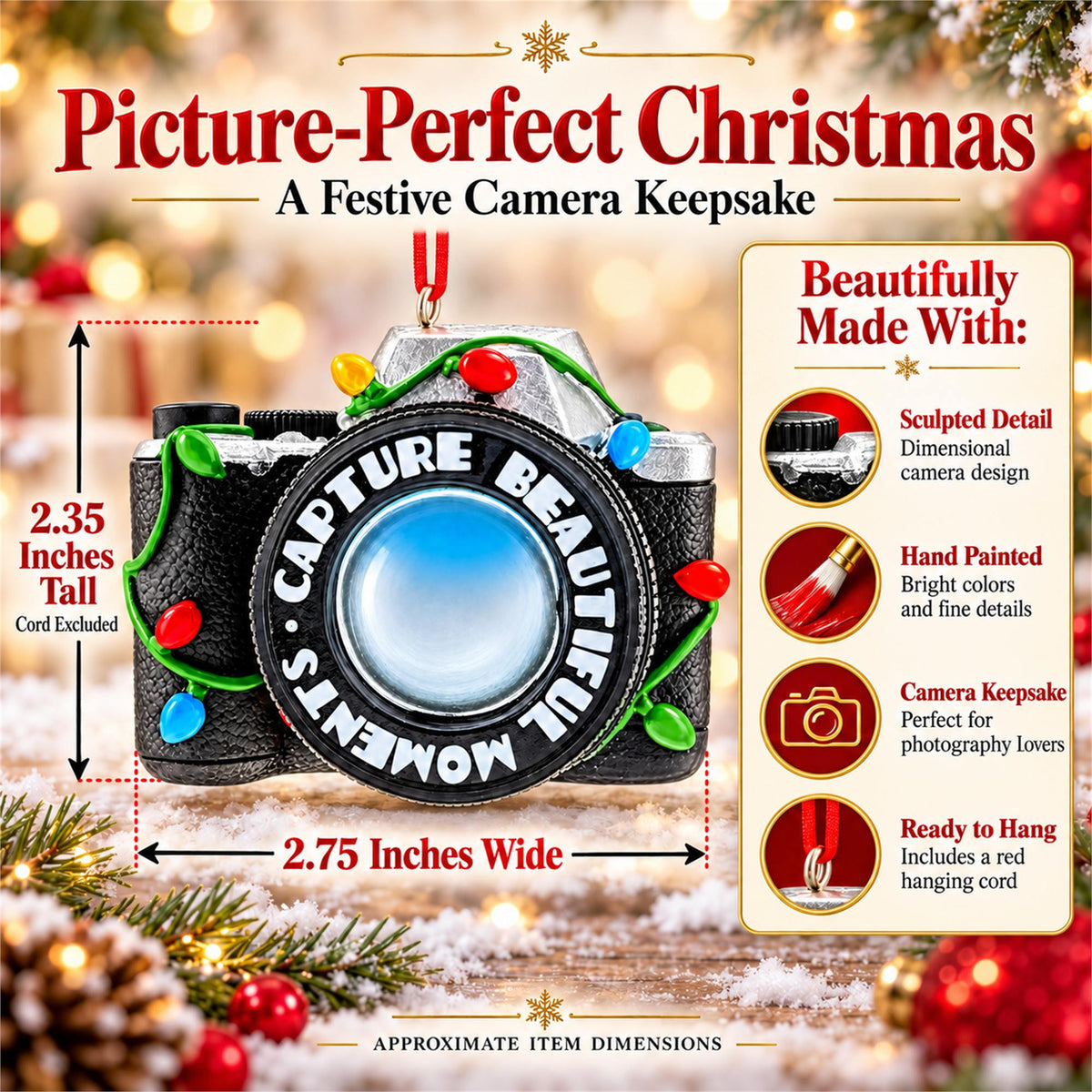 Vintage Black Camera With Holiday Lights Resin Christmas Ornament