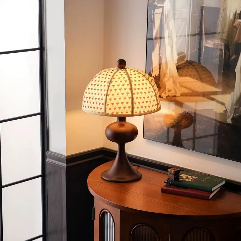 Classic Printed Fabric Shade Bedside Lamp with Carved Wooden Base