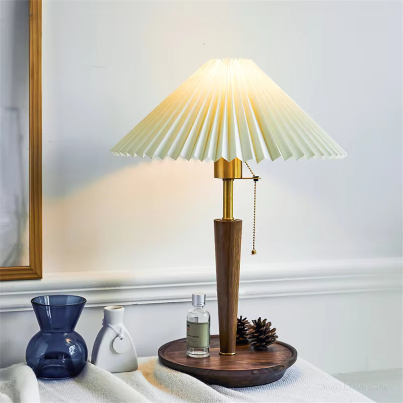Pleated Fabric Shade & Wood Table Lamp | Vintage Brass Desk Light