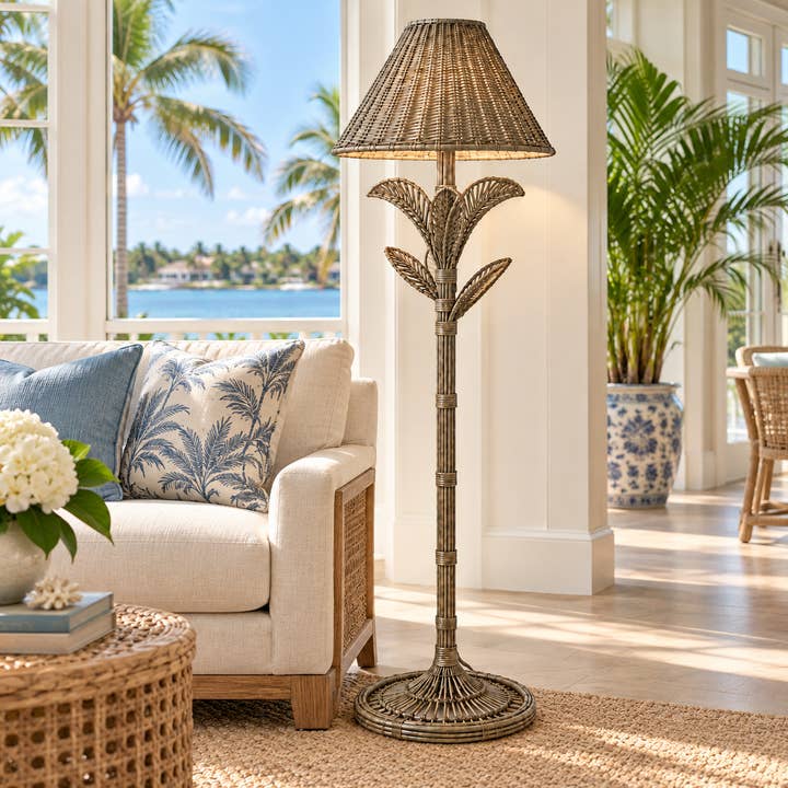 Antique Taupe Wicker Palm Floor Lamp