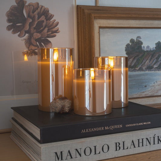 Flameless LED Hurricane Glass Candles - Amber - Set of 3 with Remote and Timer