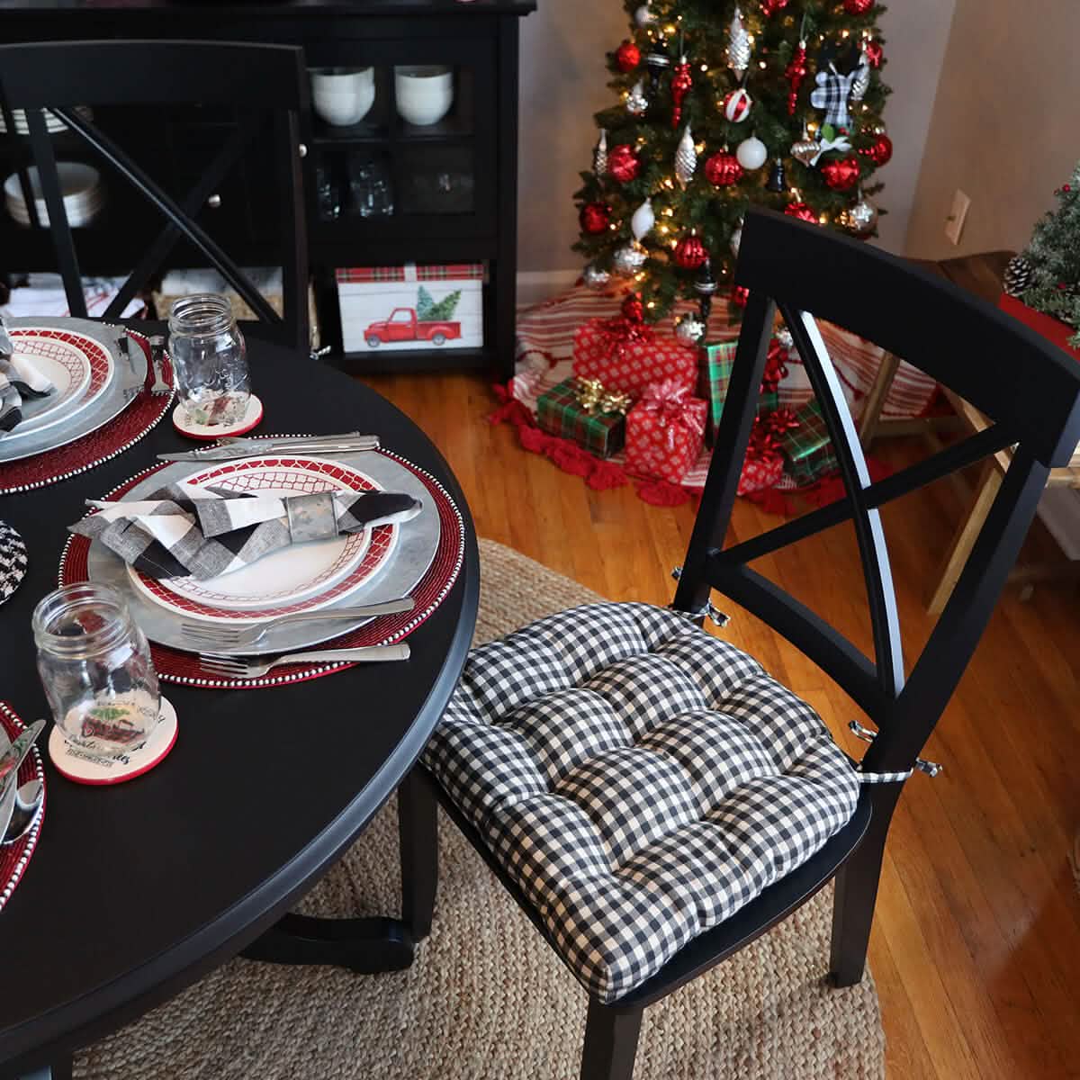 Farmhouse Check Black & White Checked Chair Pad - Made in USA - 100% Cotton - Machine Washable