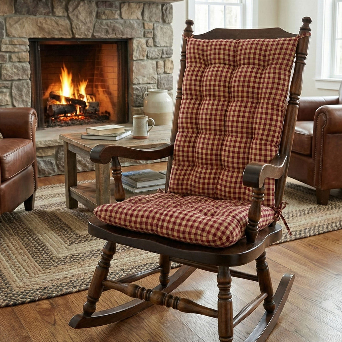 Farmhouse Check Dark Red & Tan Checkered Rocking Chair Cushions - Made in USA