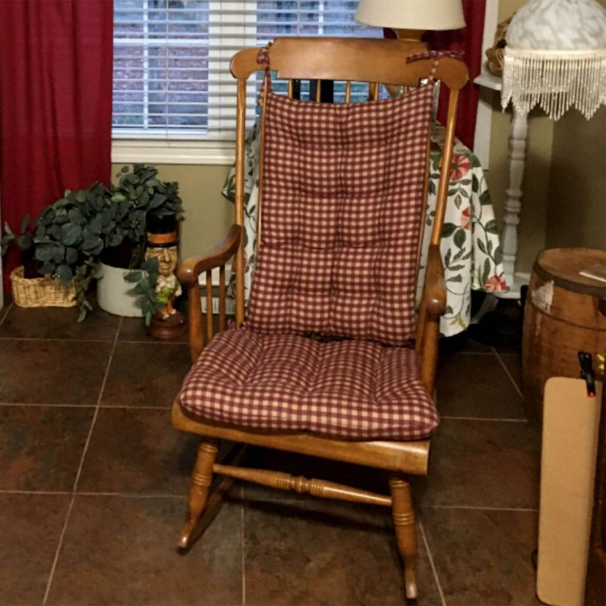 Farmhouse Check Dark Red & Tan Checkered Rocking Chair Cushions - Made in USA