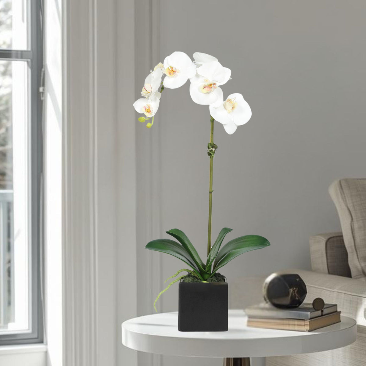 Orchidée artificielle dans vase carré - 50 cm