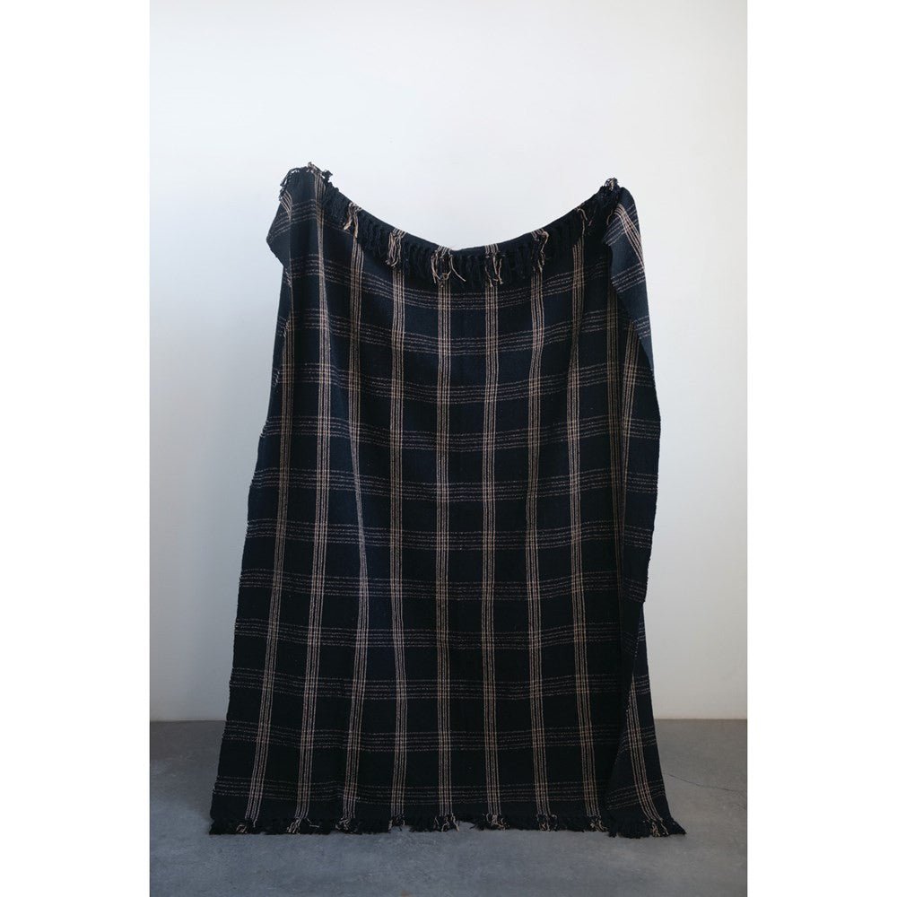 Plaid in misto cotone intrecciato con frange, nero e marrone chiaro