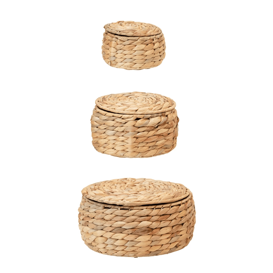 Paniers de rangement en jacinthe d'eau naturelle avec couvercles, ensemble de 3