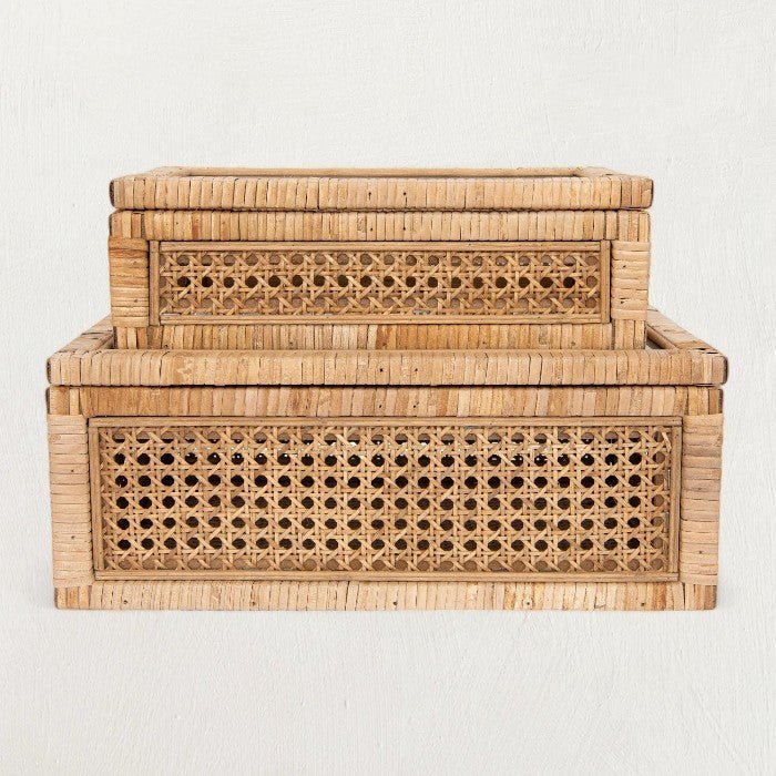 Boîtes de présentation en rotin tressé et bois avec couvercle en verre, ensemble de 2