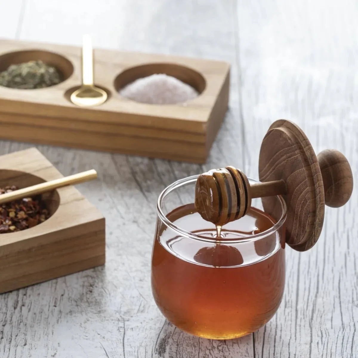 Mini pot à miel en teck et verre