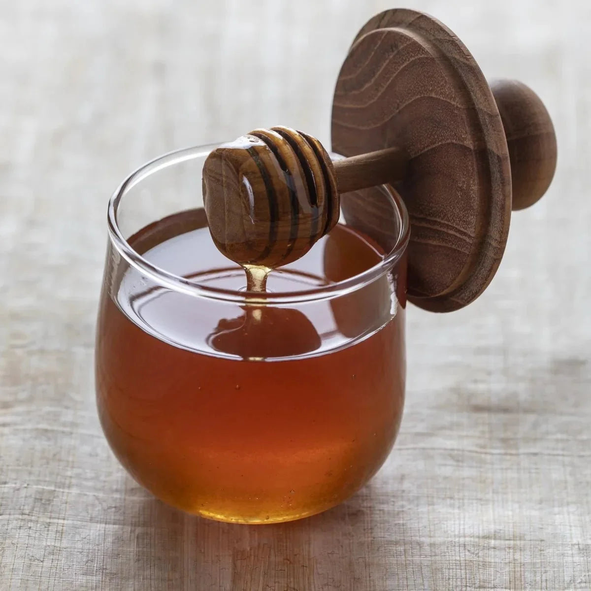Mini pot à miel en teck et verre