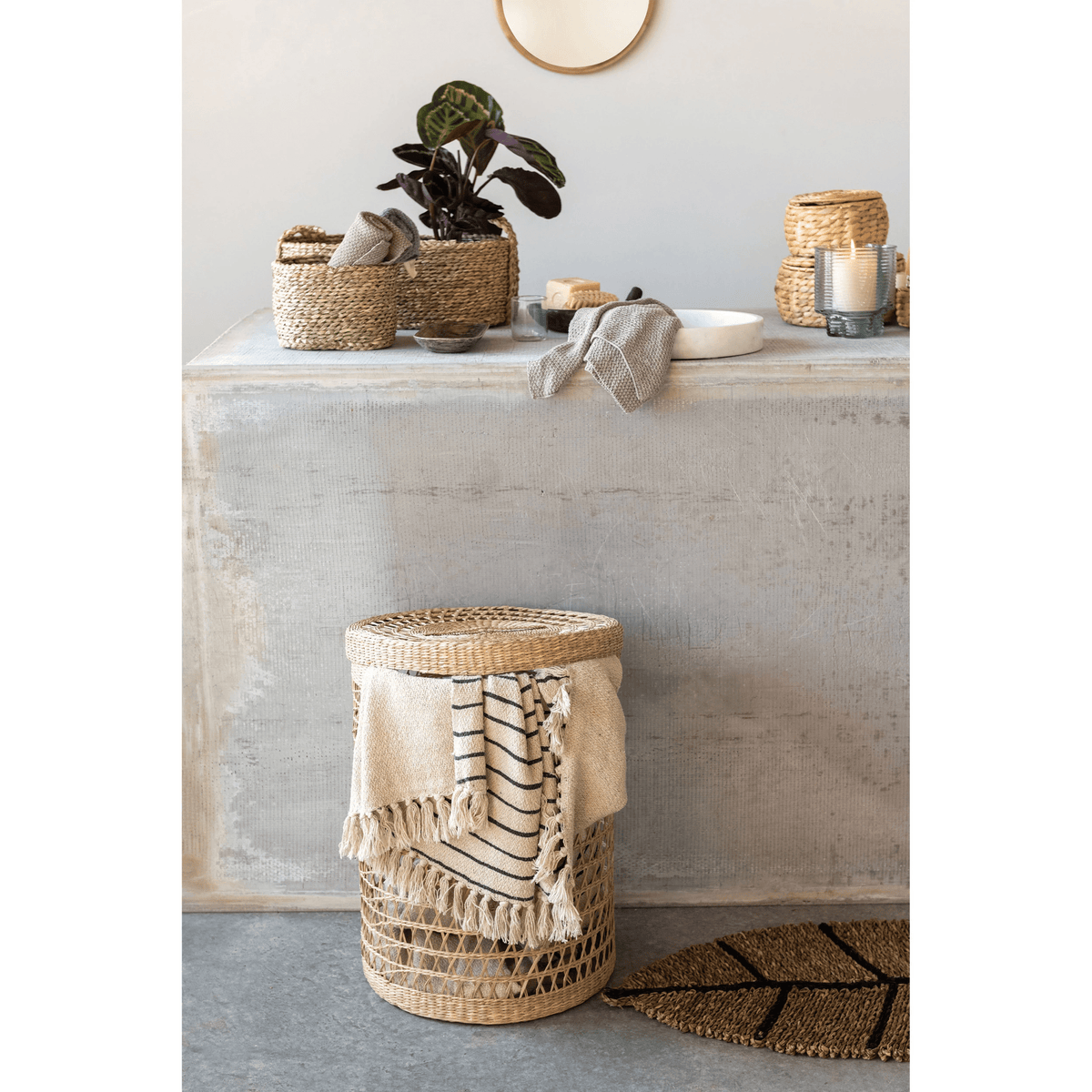 Paniers de rangement en jacinthe d'eau naturelle avec couvercles, ensemble de 3