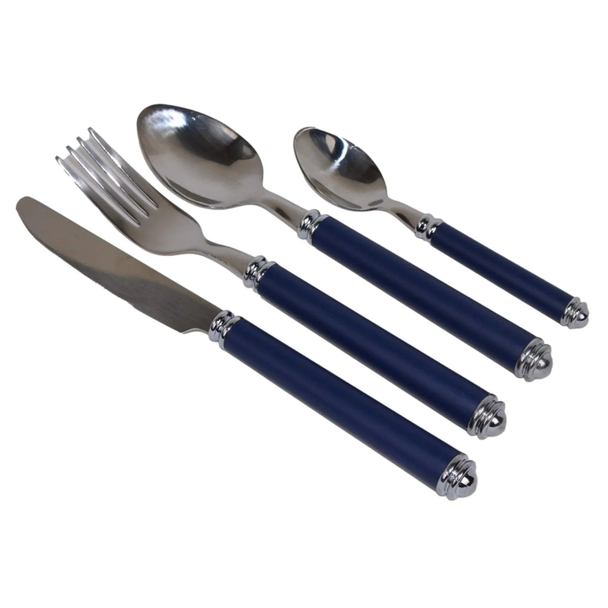 Set di posate con manici blu e contenitore