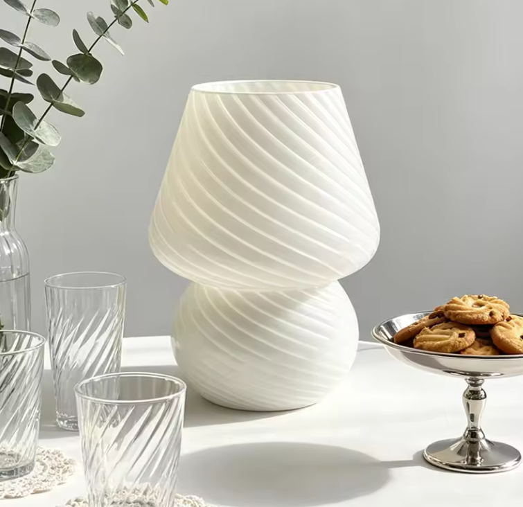 Murano-Style Glass Mushroom Table Lamp | Colorful Striped & Dotted Bedside Light