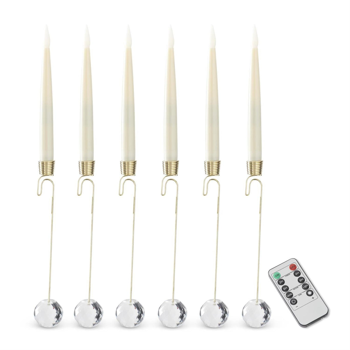 Set of 6 6 Inch Glass Pendant Hanging LED Candle Ornaments with Remote – Cream, Gold & White
