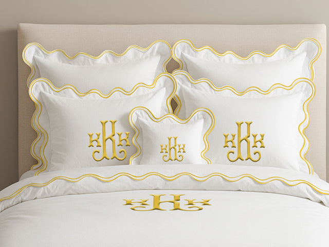 Housse de couette luxueuse en coton à monogramme et double feston